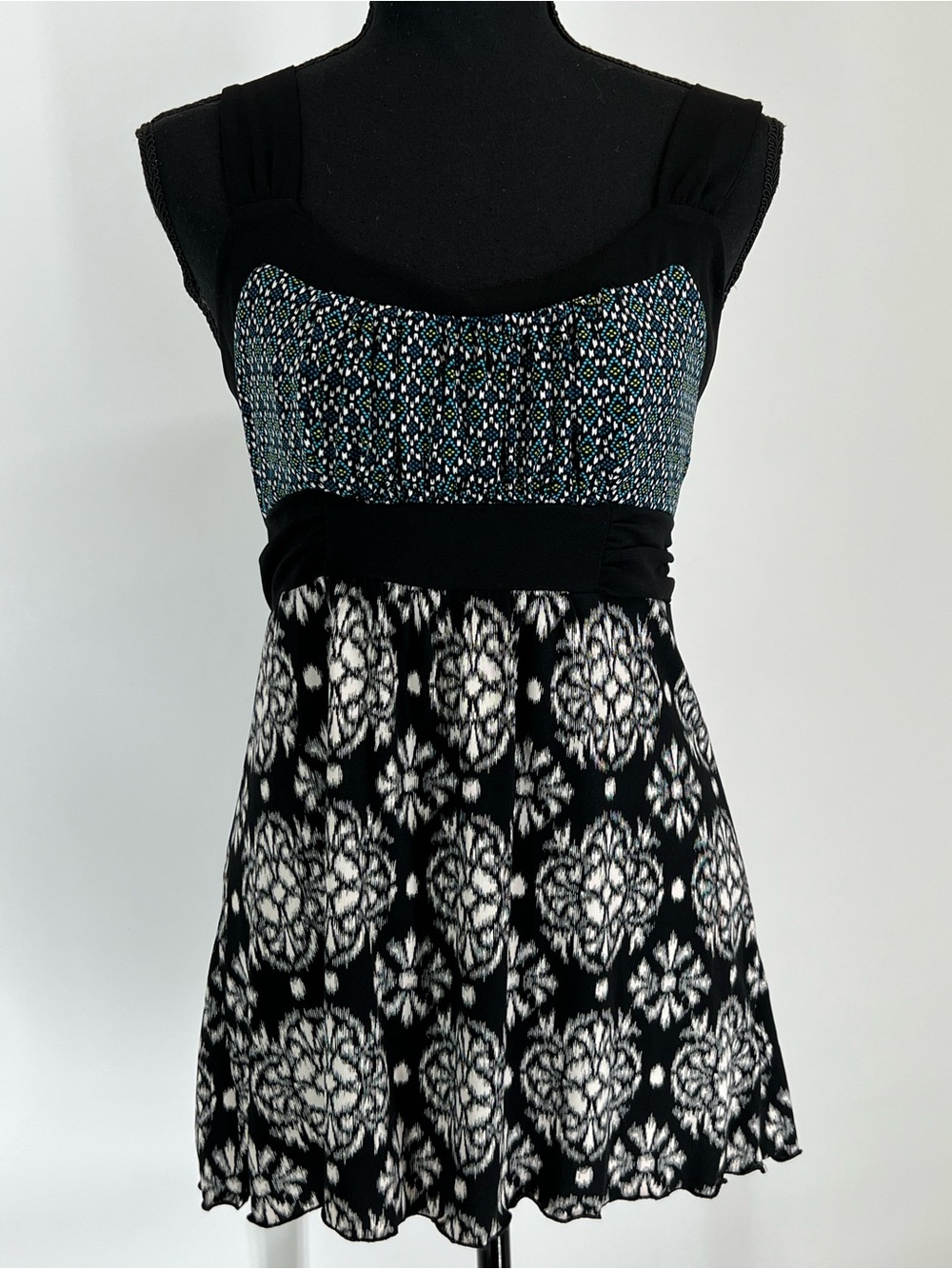 Speechless Black Top with Blue and Lime Geo Print‎
